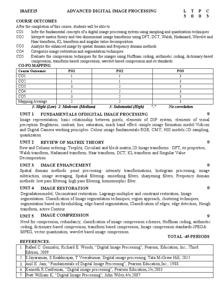 18AEE15 Advanced Digital Image Processing LTPC 3 0 0 3 Course