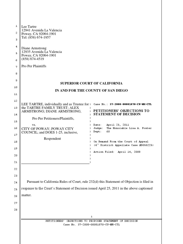 Objection to Statement of Decision | Lawsuit | Pleading
