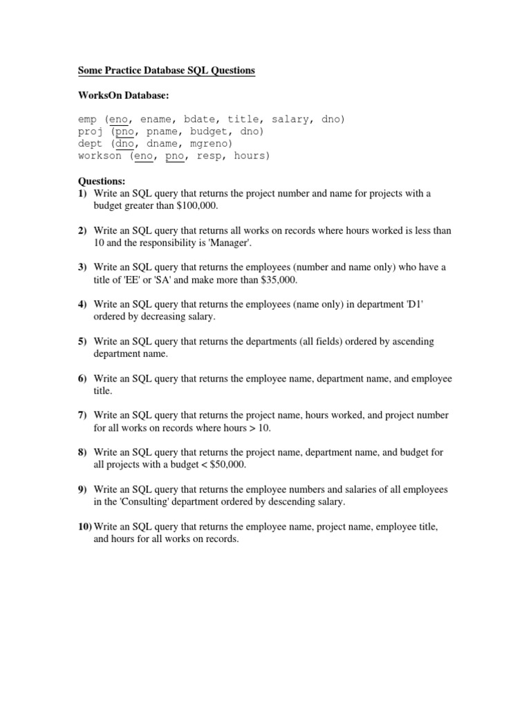Practical SQL Questions and Answers Using Sample Database Tables | PDF ...