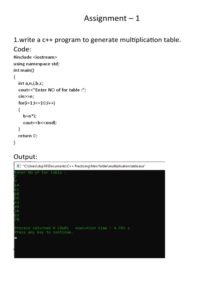 Assignment - 1: 1.write A C++ Program To Generate Multiplication Table ...