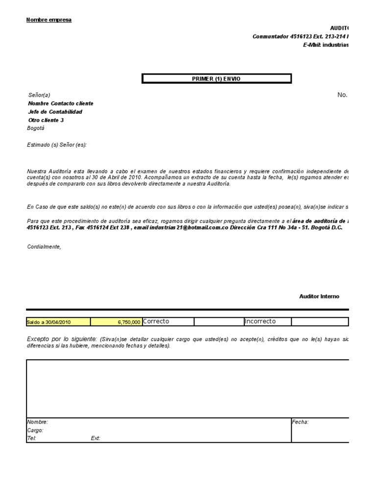 Modelo Carta Circularización Cartera Auditoría