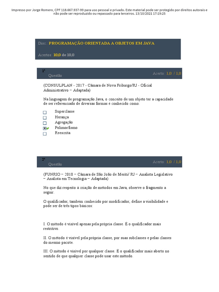 Prova de Programação Orientada a Objetos em Java | PDF | Java ...