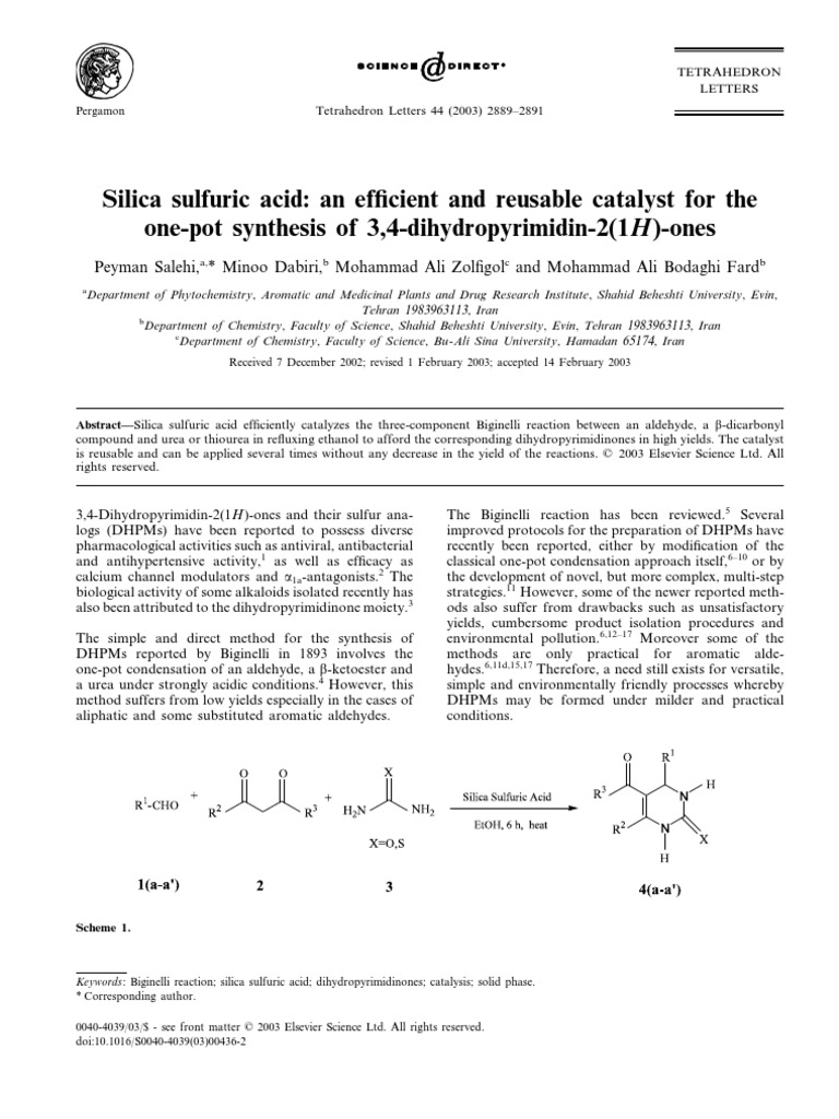 Silica Sulfuric Acid An Efficient and Reusable Catalyst For The OnePot