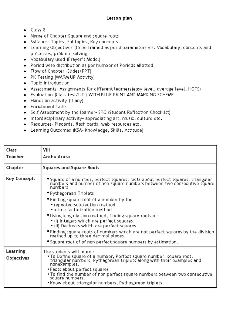Class 8 Maths: Squares & Square Roots Plan | PDF | Numbers | Square Root
