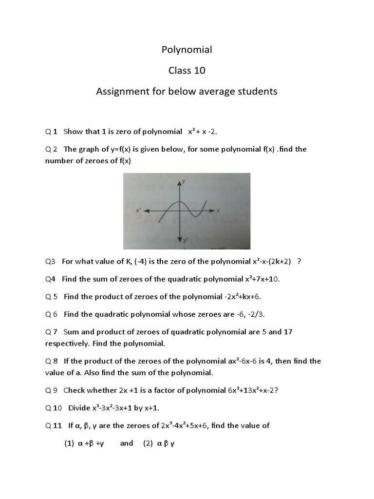 Assignment (Below Average) Class 10 Polynomial | PDF | Teaching Methods ...