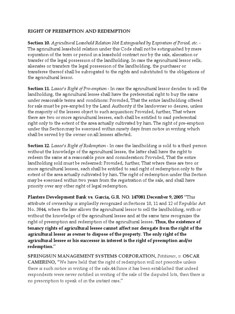 Right of Redemption and PreEmption Tenant PDF Lease Leasehold Estate