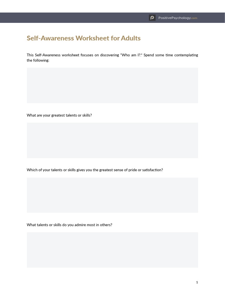 Self Awareness Worksheet For Adults | PDF