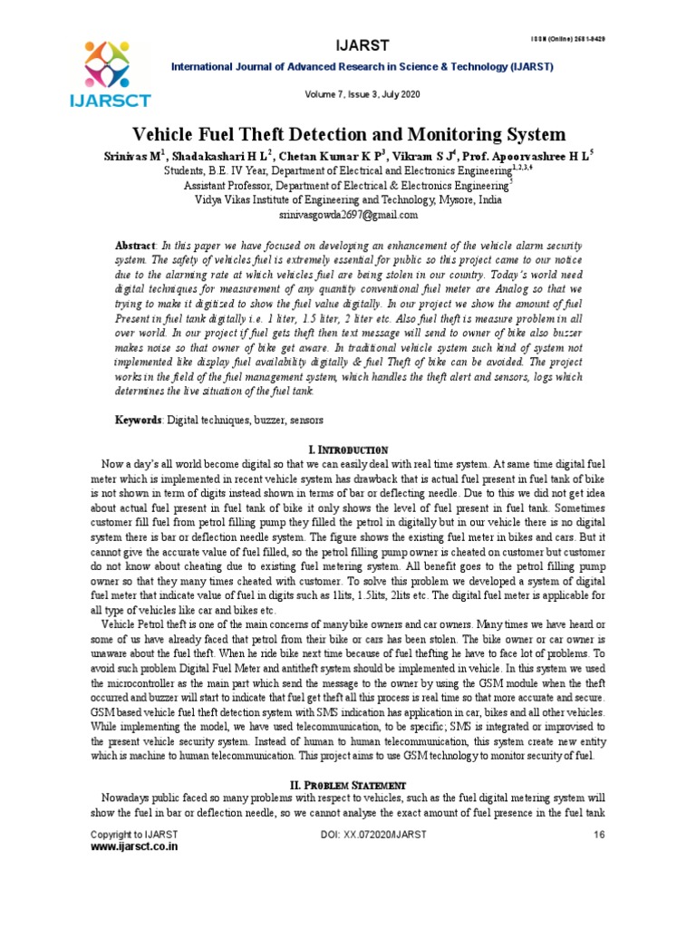 Vehicle Fuel Theft Detection and Monitoring System Ijarst PDF