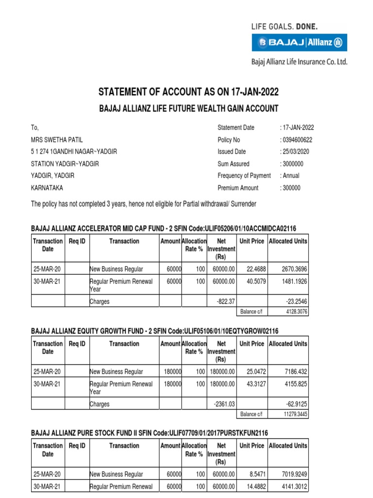 Statement of Account As On 17Jan2022 Bajaj Allianz Life Future