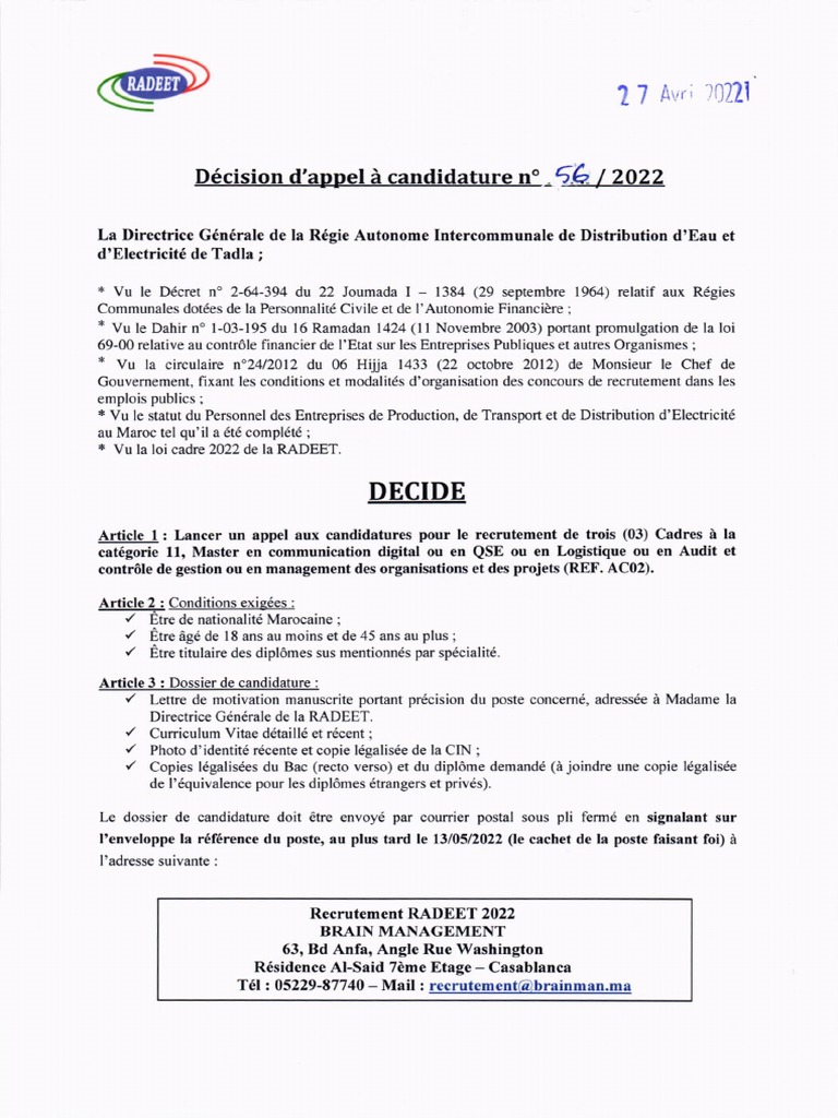 Recrutement Cadres RADEET 2022 | PDF | Business