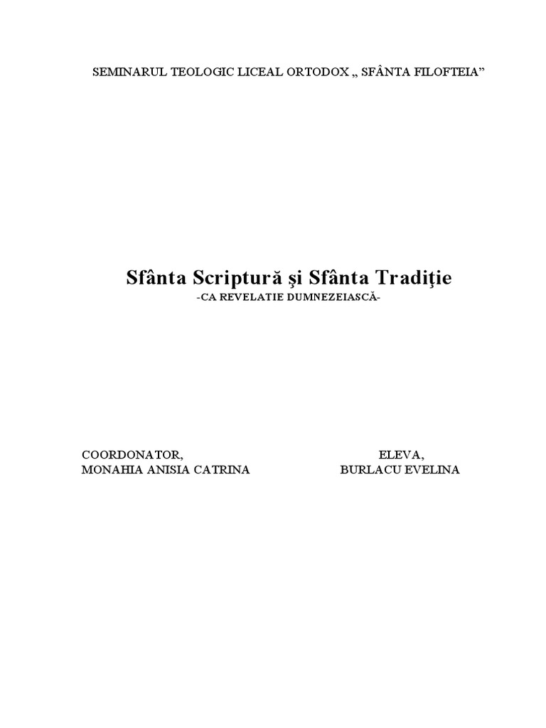 Atestat SF Scriptura Si Sfanta Traditie | PDF