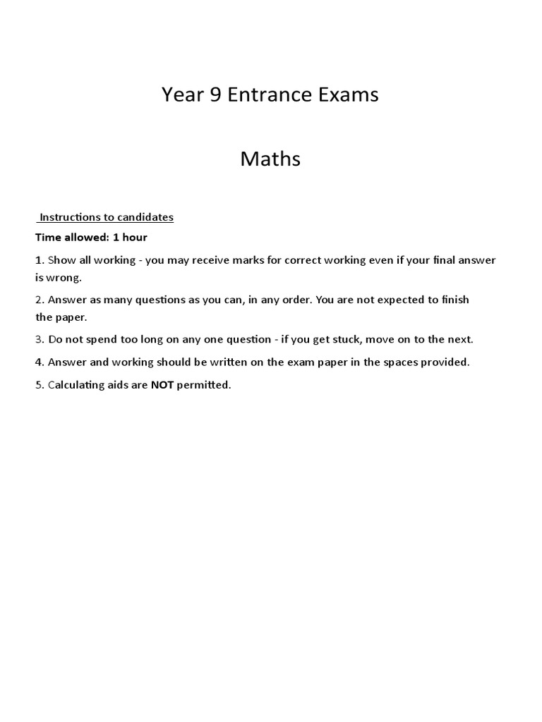 Year 9 Maths Specimen Paper 3 PDF Area Elementary Mathematics