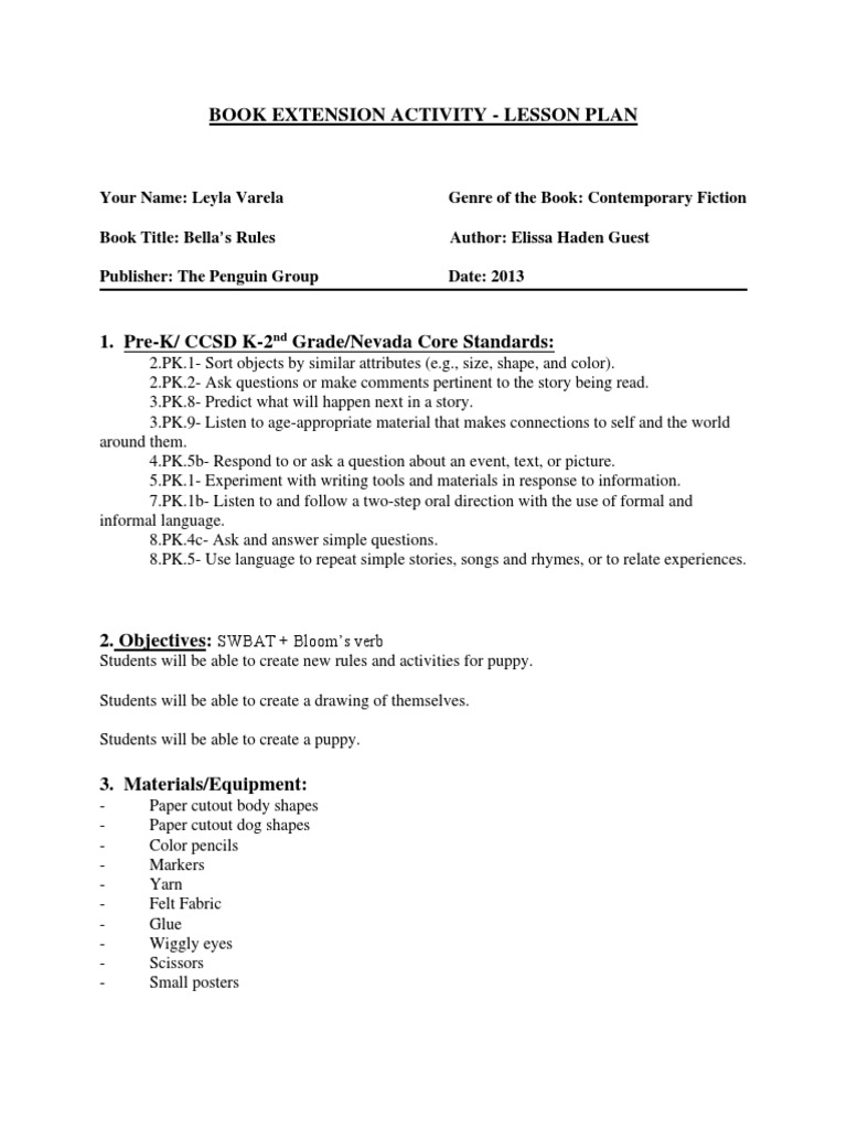 Book Extension Activity Lesson Plan PDF Cognition Communication