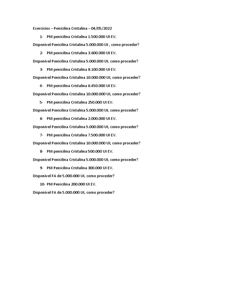 Exercícios Cálculos Penicilina | PDF