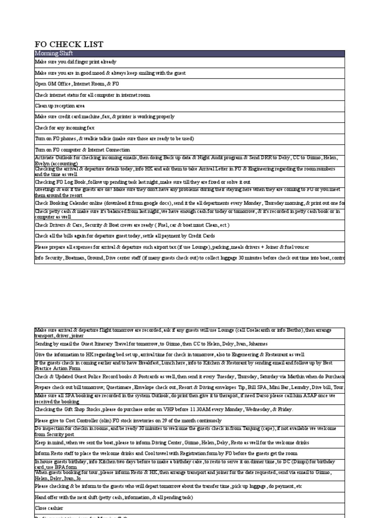 Front Office Daily Check List Form 07062011 Invoice Business