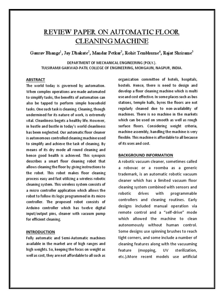 Review Paper On Automatic Floor Cleaning Machine PDF Vacuum Cleaner