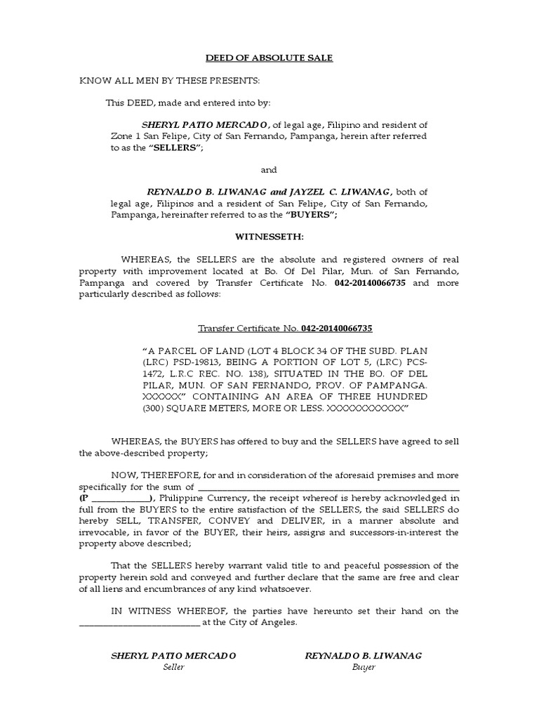 Deed of Absolute Sale Liwanag PDF Real Estate Environmental Law