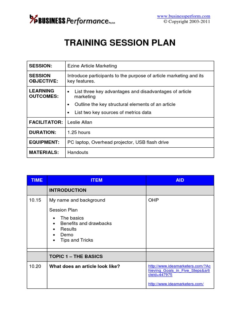 Training Session Plan Sample PDF Computing Communication