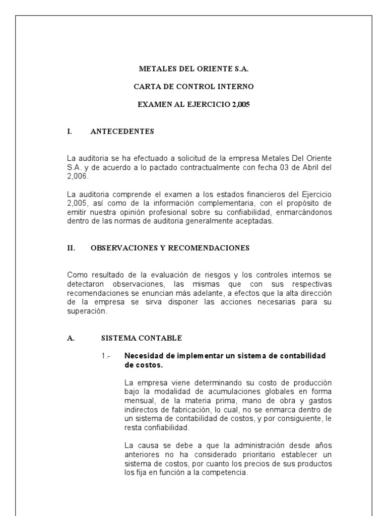 Carta Control Interno  Contabilidad de costos  Contabilidad