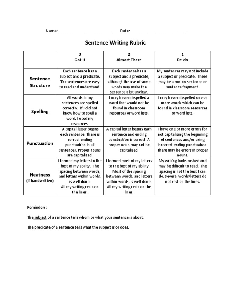 Sentence Writing Rubric Guide | PDF | Sentence (Linguistics ...