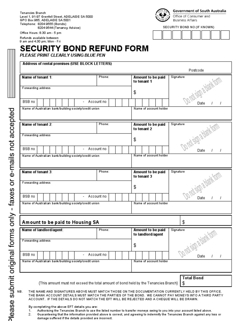 Instructions for Completing a South Australian Residential Tenancy Security Bond Refund Form