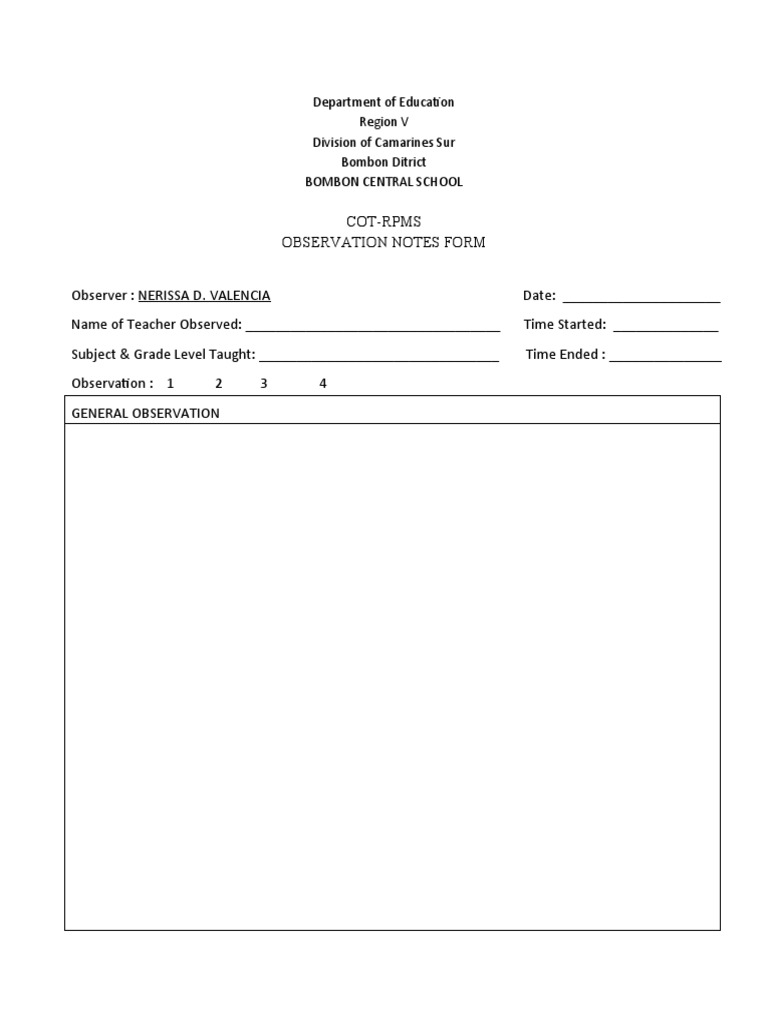 Observation Form 2018 | PDF