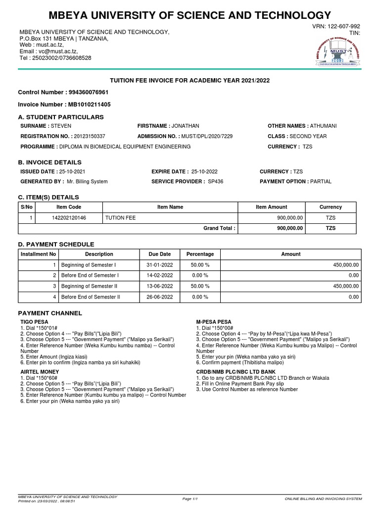 MBEYA University Tuition Fee Invoice | PDF | Money | Financial Services