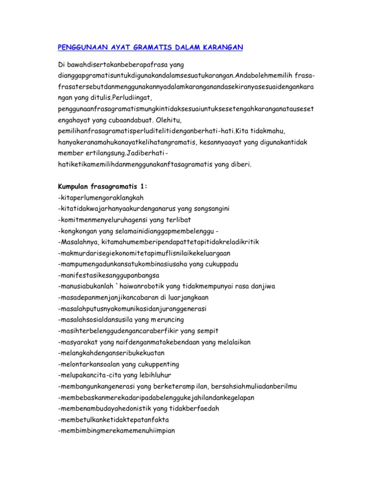 Penggunaan Ayat Gramatis Dalam Karangan