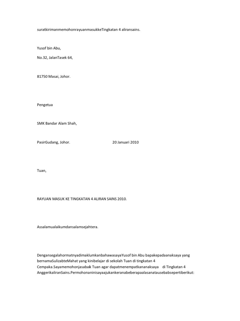 Surat Kiriman Memohon Rayuan Masuk Ke Tingkatan 4 Aliran Sains Pdf
