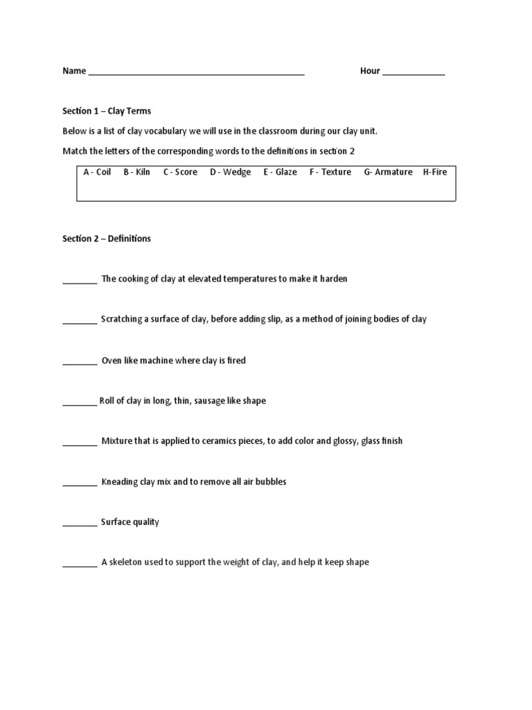 Ae393 Ceramics Vocabulary Worksheet PDF
