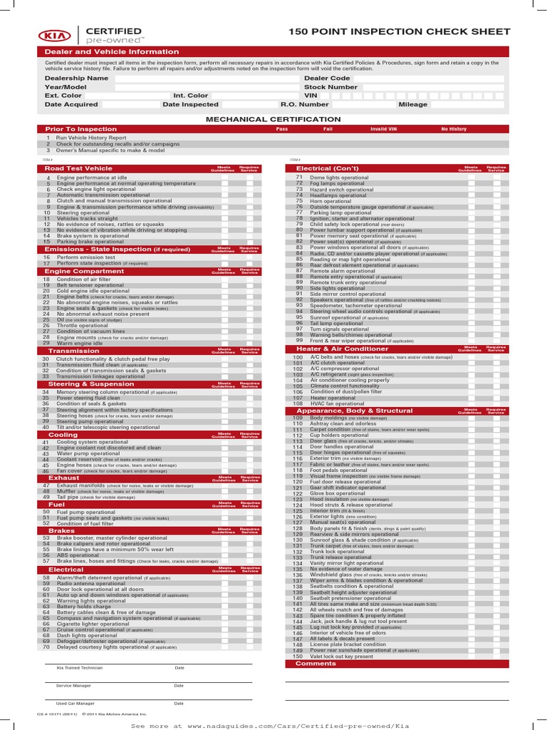 150 Point Inspection Check Sheet: Dealer and Vehicle Information | PDF ...
