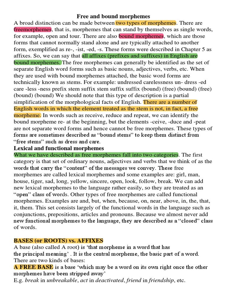 Free And Bound Morphemes Pdf Word Morphology Linguistics
