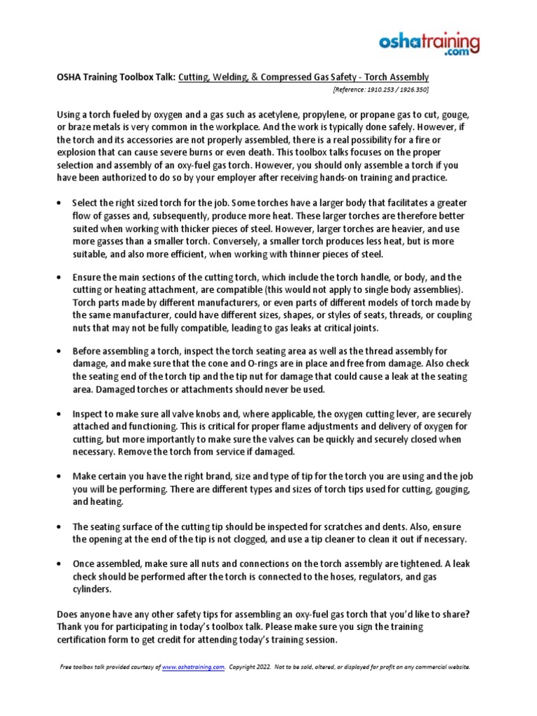 OSHA Training Toolbox Talk Cutting, Welding, & Compressed Gas Safety