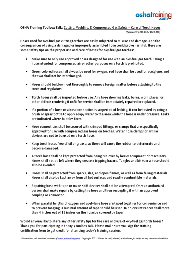 OSHA Training Toolbox Talk Cutting, Welding, & Compressed Gas Safety