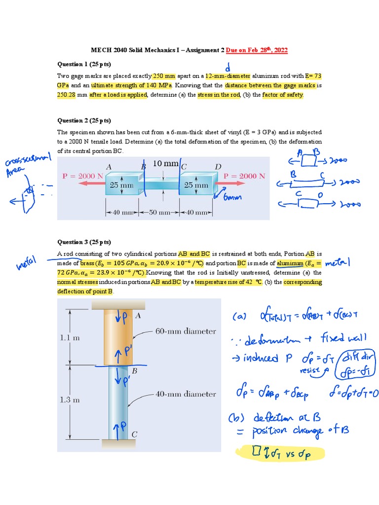 MECH 2040 Solid Mechanics I - Assignment 2 Question 1 (25 PTS) | PDF