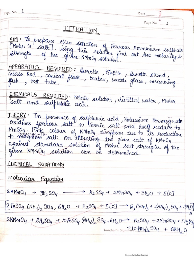 Titration of Mohr Salt and Potassium Permanganate Experiment No 1 PDF