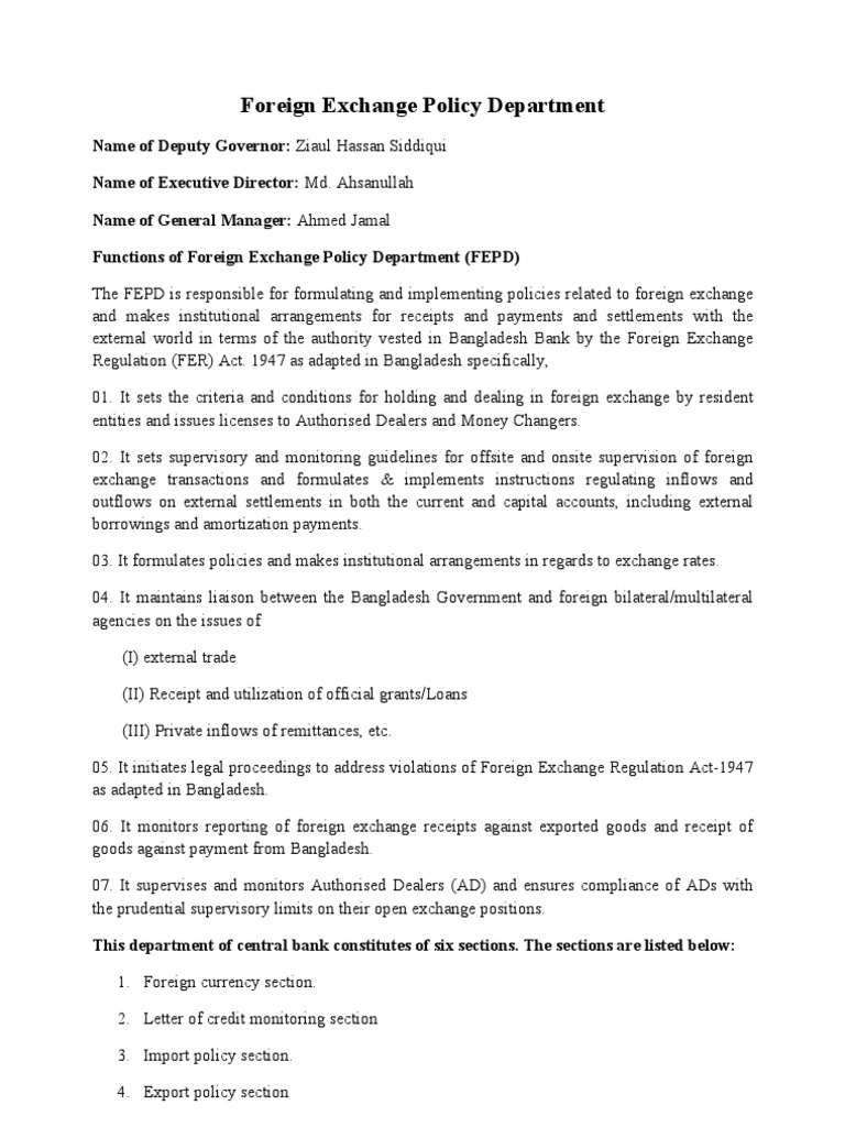 Foreign Exchange Policy Department Foreign Exchange Market Letter Of Credit