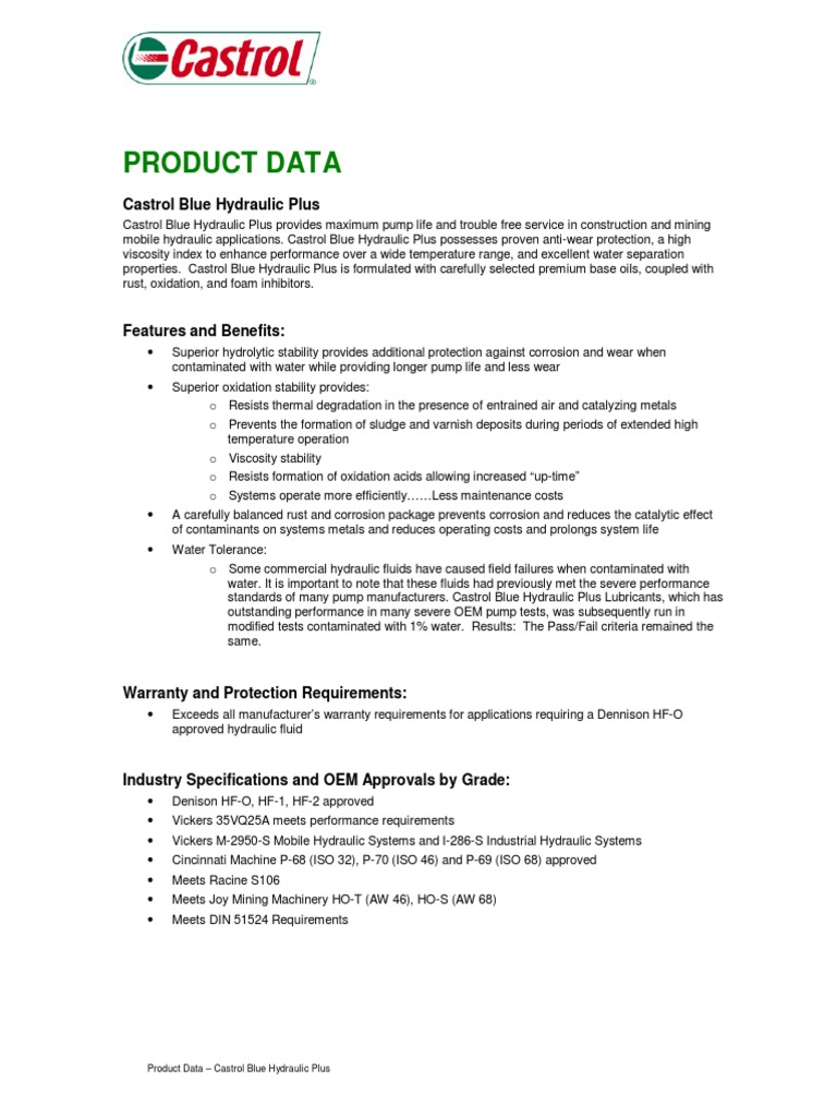 Product Data Castrol Blue Hydraulic Plus PDF Corrosion Chemistry