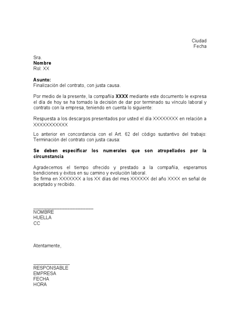 Modelo Carta Despido Justa Causa Pdf