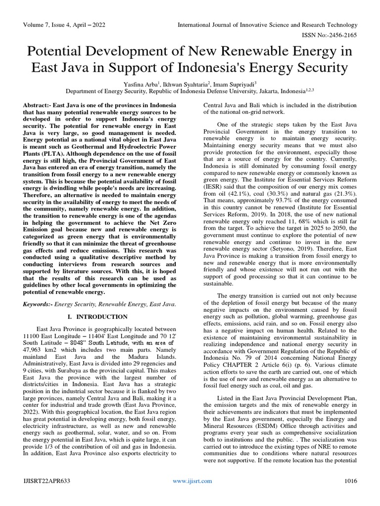 Potential Development of New Renewable Energy in East Java in Support ...