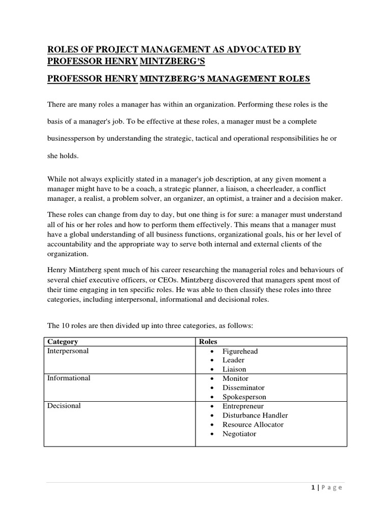 Professor Henry Mintzberg Management Roles | PDF | Goal | Cognition