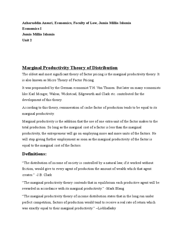 Marginal Productivity Theory Explained | PDF | Demand | Labour Economics