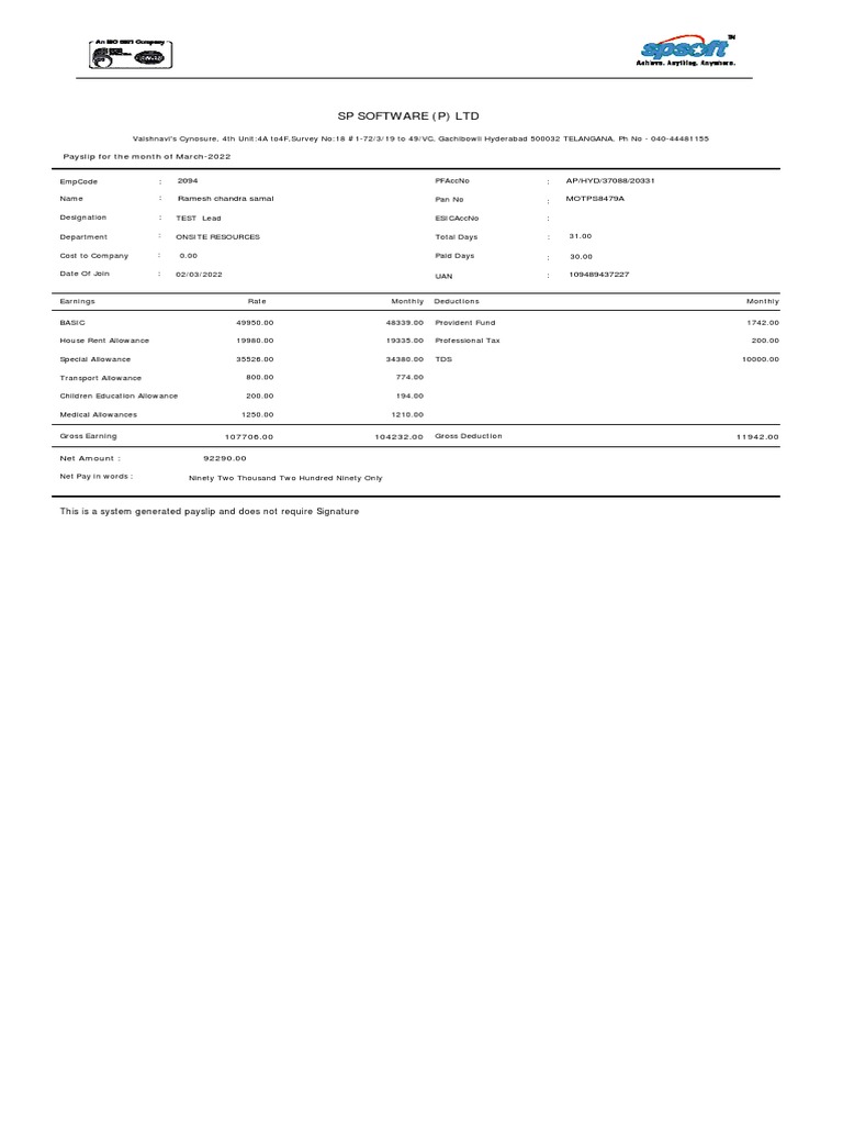 SP Software (P) LTD: 2094 AP/HYD/37088/20331 Ramesh Chandra Samal ...