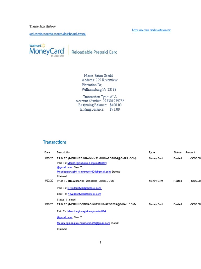 Walmart MoneyCard Transaction Summary | PDF | Financial Services ...
