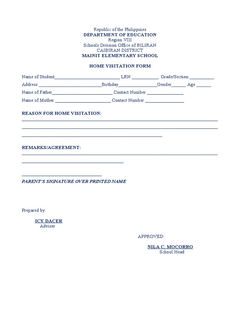 Home Visitation Form for Schools | PDF | Wellness