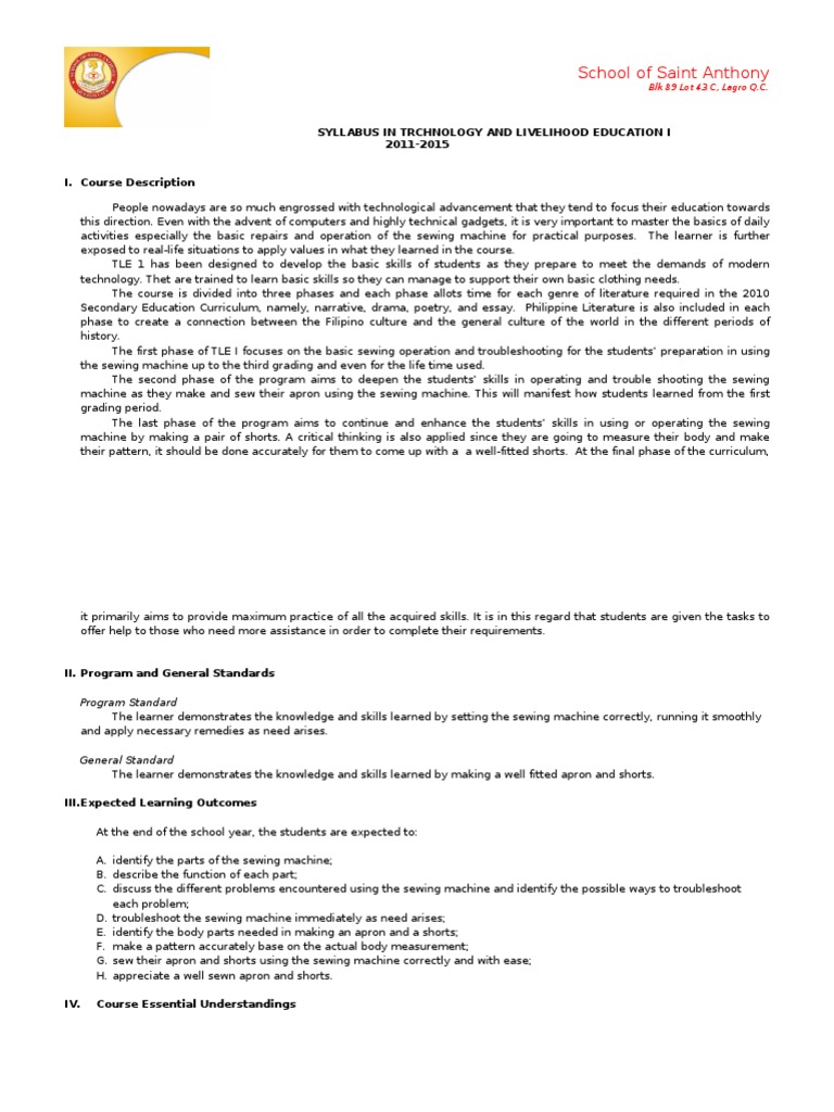 TLE I Syllabus 20112015 Sewing Educational Assessment