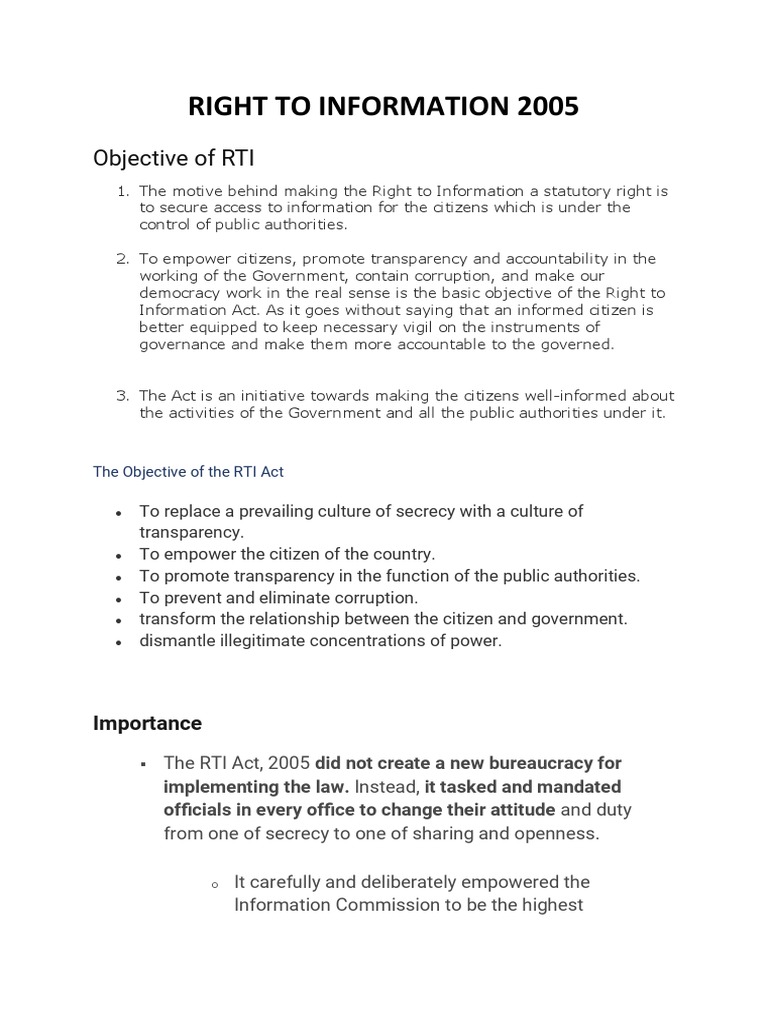 Right To Information 2005 Objective Of Rti Pdf Government Social