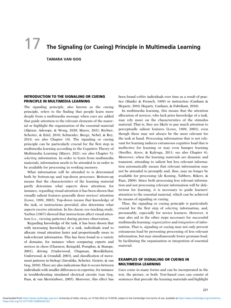The Signaling (Or Cueing) Principle in Multimedia Learning Tamara Van