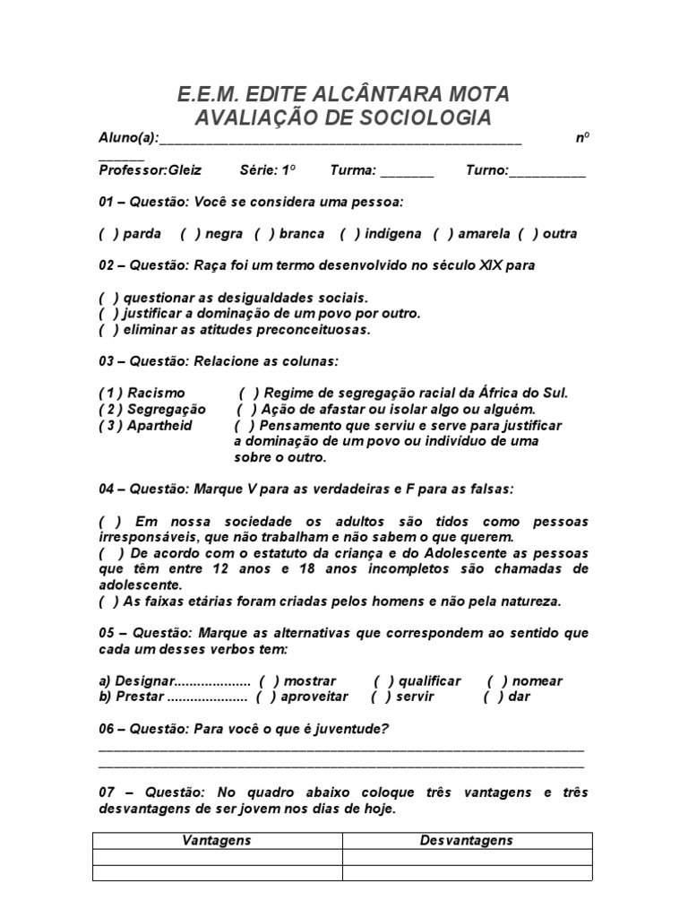 AVALIAÇÃO DE SOCIOLOGIA - 1º ANO / 2º BIMESTRE