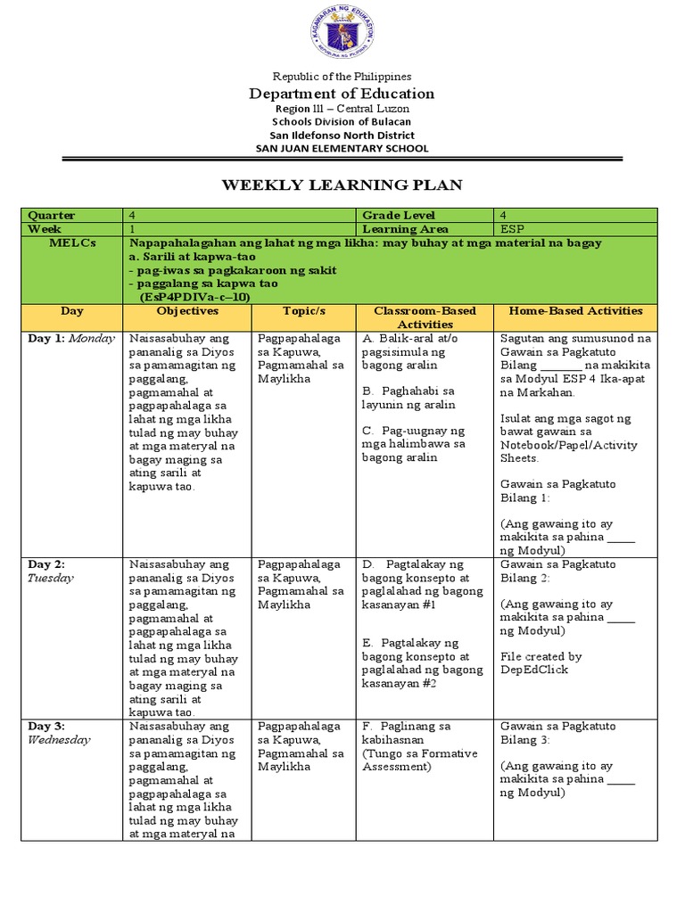 Weekly Learning Plan Department of Education PDF